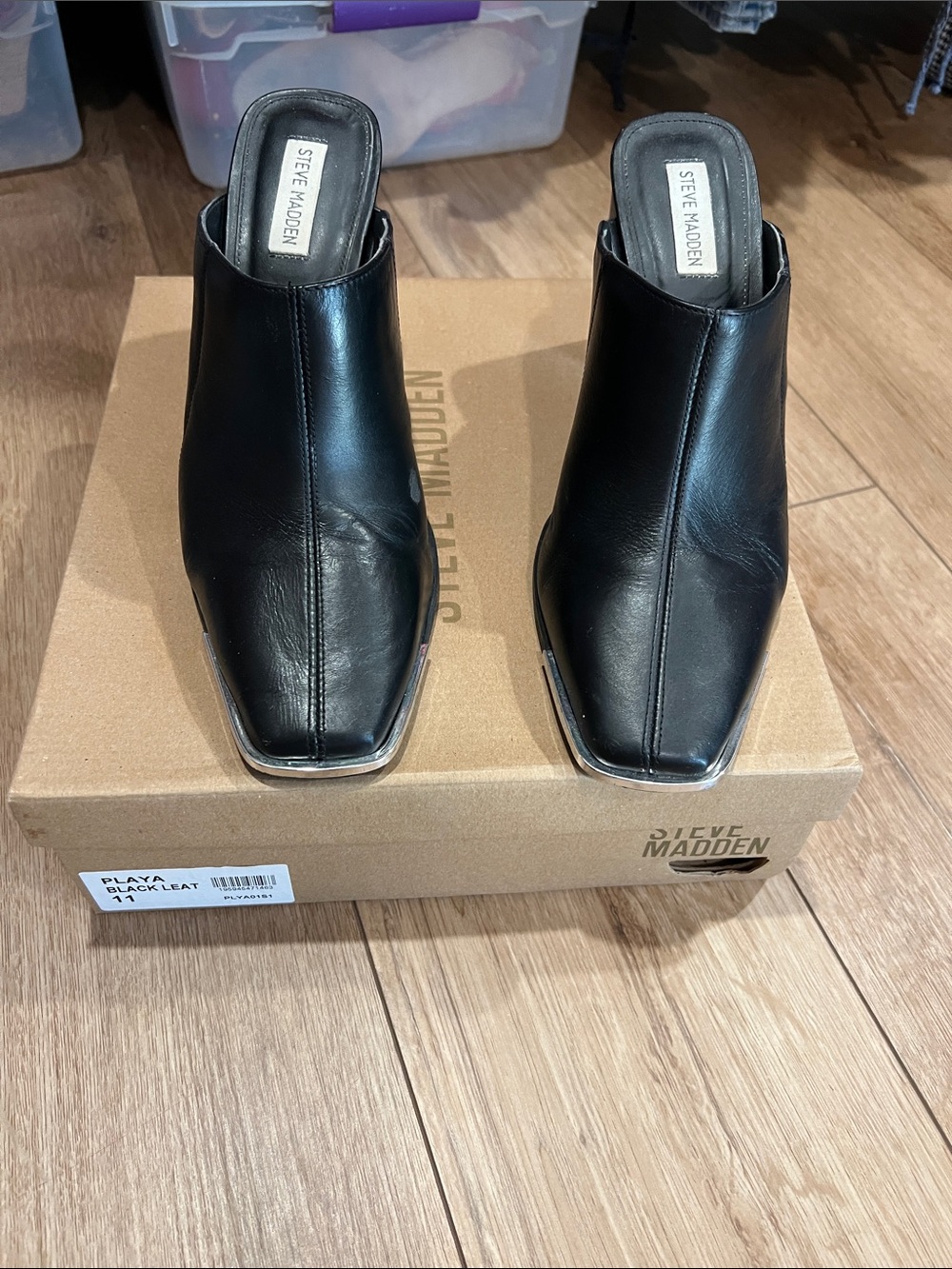 Steve Madden Black Leather Square-Toe Mule Slides size 11